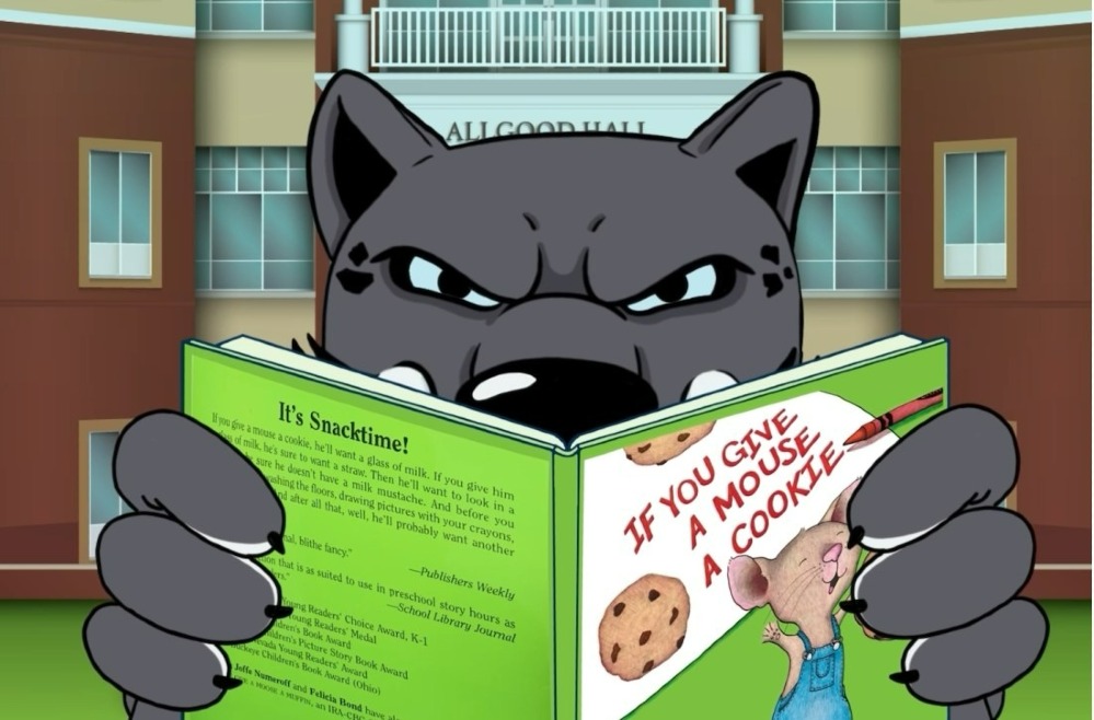 cat mascot holds book