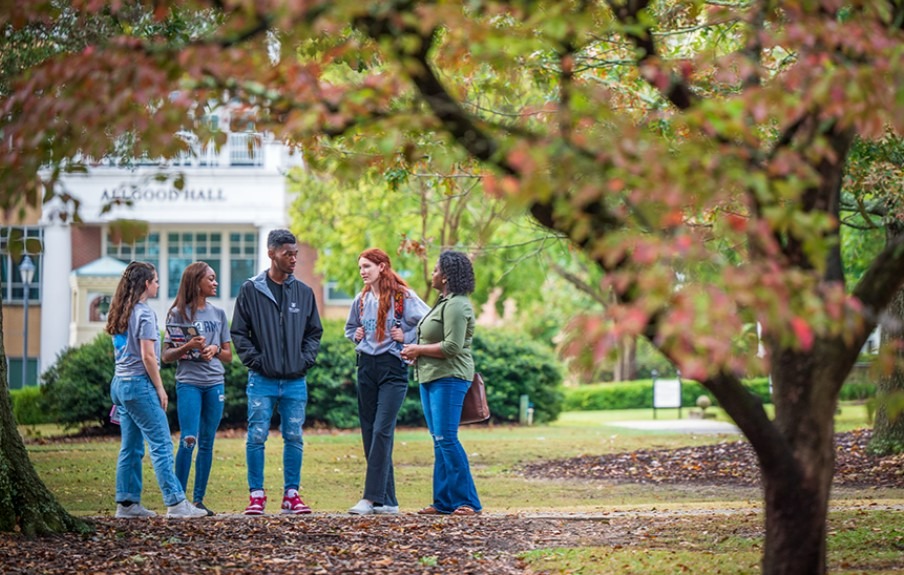 five students on campus grounds