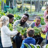 Community members teach children about gardening at a community garden.