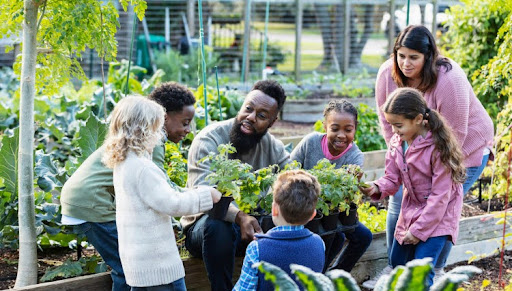 Community members teach children about gardening at a community garden.