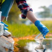 The hand of an environmental scientist collecting a water sample from a river.