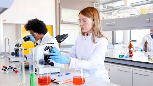 Two epidemiologists working in a laboratory.