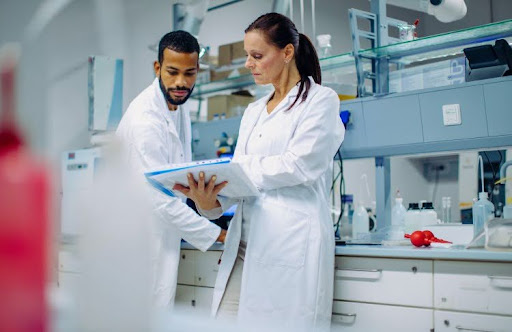 Two epidemiologists examining a report in a lab.