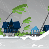 Illustration of a hurricane hitting houses on the coast.