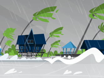 Illustration of a hurricane hitting houses on the coast.