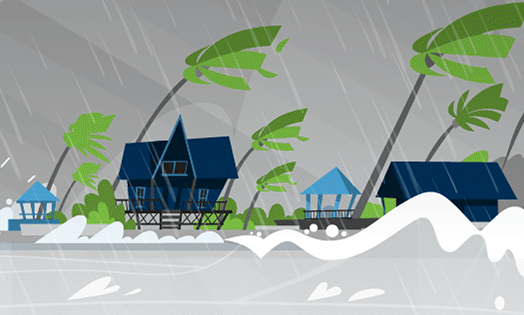 Illustration of a hurricane hitting houses on the coast.