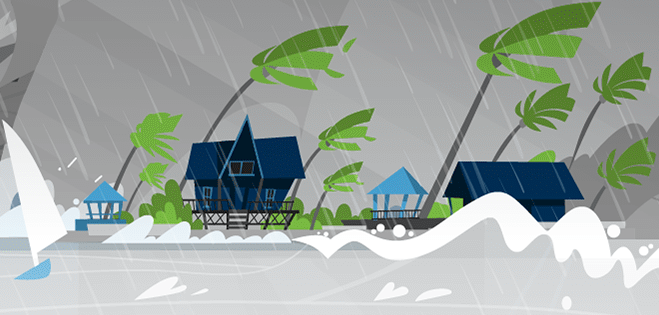 Illustration of a hurricane hitting houses on the coast.