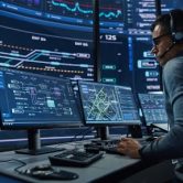 An intelligence analyst works on several computers in a control room.