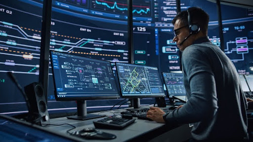 An intelligence analyst works on several computers in a control room.