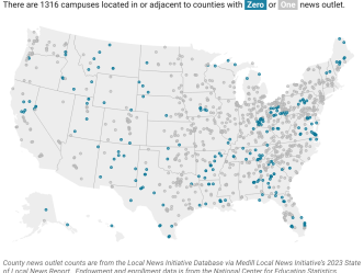 Map of college campuses and news deserts across America