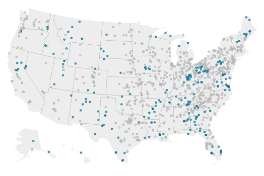 Map of college campuses and news deserts across America