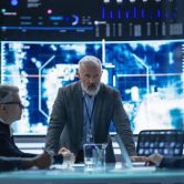 Intelligence professionals meet in a surveillance room.