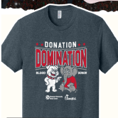 T-shirt that will be given to blood donors, showing Georgia Bulldog laughing at a sad elephant and the words Donation Domination / Blood Donor