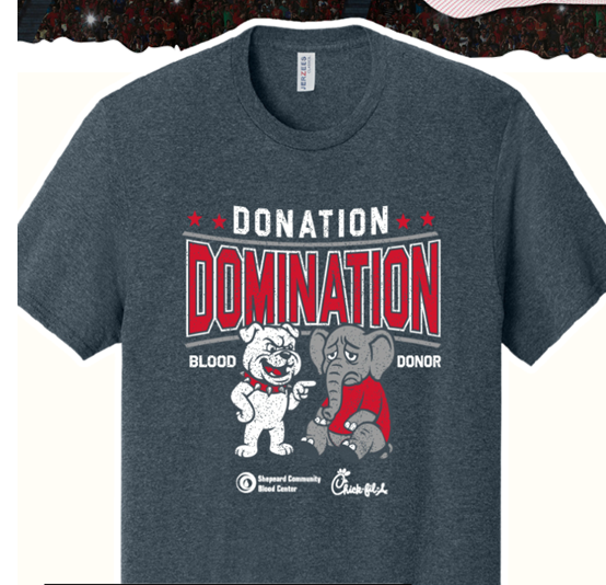 T-shirt that will be given to blood donors, showing Georgia Bulldog laughing at a sad elephant and the words Donation Domination / Blood Donor