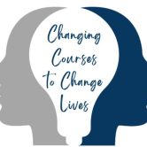 Two human profile sillouettes back to back with negative space in between creating the shape of a lightbulb. The lightbulb contains the words Changing Courses to Change Lives.