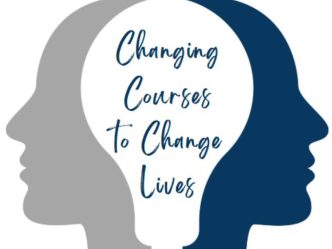 Two human profile sillouettes back to back with negative space in between creating the shape of a lightbulb. The lightbulb contains the words Changing Courses to Change Lives.