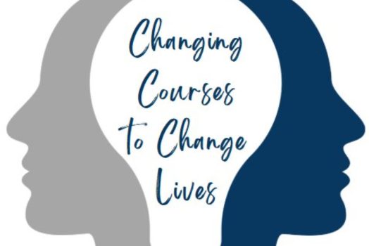 Two human profile sillouettes back to back with negative space in between creating the shape of a lightbulb. The lightbulb contains the words Changing Courses to Change Lives.