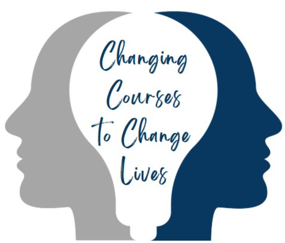 Two human profile sillouettes back to back with negative space in between creating the shape of a lightbulb. The lightbulb contains the words Changing Courses to Change Lives.