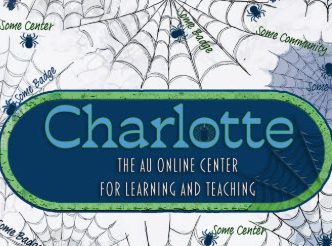 "Charlotte" referes to the Community of Learning and Teaching. The word Charlotte appears on a background of tiny spiders and webs in references to the book "Charlotte's Web."