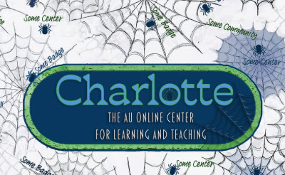 "Charlotte" referes to the Community of Learning and Teaching. The word Charlotte appears on a background of tiny spiders and webs in references to the book "Charlotte's Web."