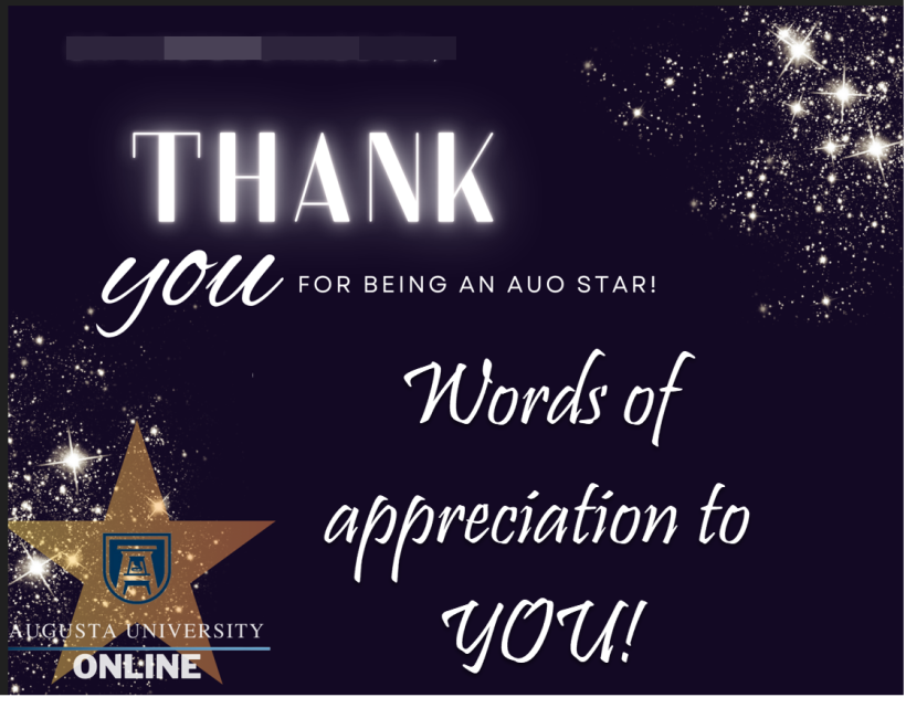 Example of the STAR Certificate that includes the instructor's name and Thank you in large text. In place of the student's comment which would normally be on the certificate, the phrase "Words of appreciation to YOU!"