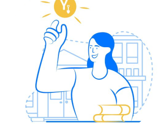 I figure of a student holding up a the Yellowdig log which is shaped like the sun.