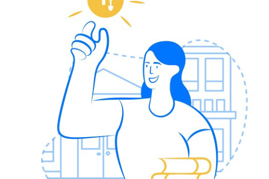 I figure of a student holding up a the Yellowdig log which is shaped like the sun.