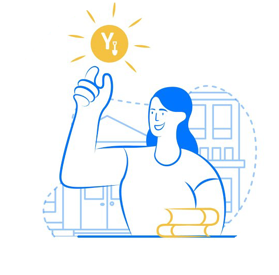 I figure of a student holding up a the Yellowdig log which is shaped like the sun.