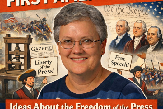 Title: Future of the First Amendment, showing a collage of revolutionary era imagery and a headshot of Dr. Carol Humphrey. At the bottom of the image is the lecture title, "Ideas about the freedom of the press during the 1770s-1790s."