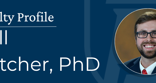 Faculty Profile banner featuring Will Hatcher, PhD. Features a bearded man wearing glasses smiling at the camera.