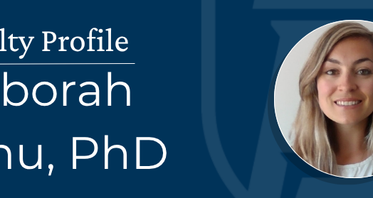 Faculty profile banner featuring Deborah Jehu, PhD. On the right is a picture of a woman smiling at the camera.